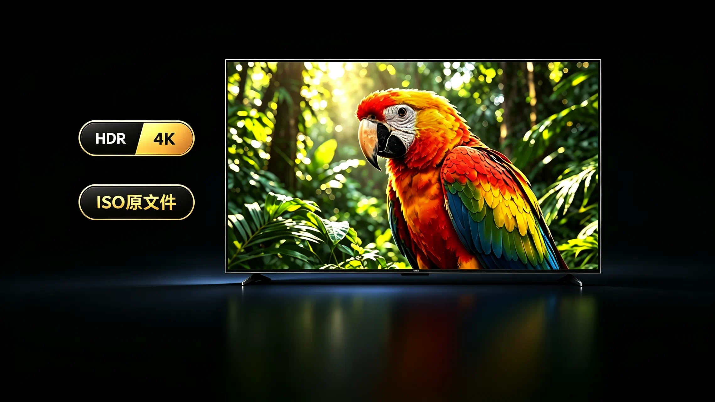 HDR 与 4K 画面效果展示，电视屏幕呈现色彩鲜明的鹦鹉与森林细节